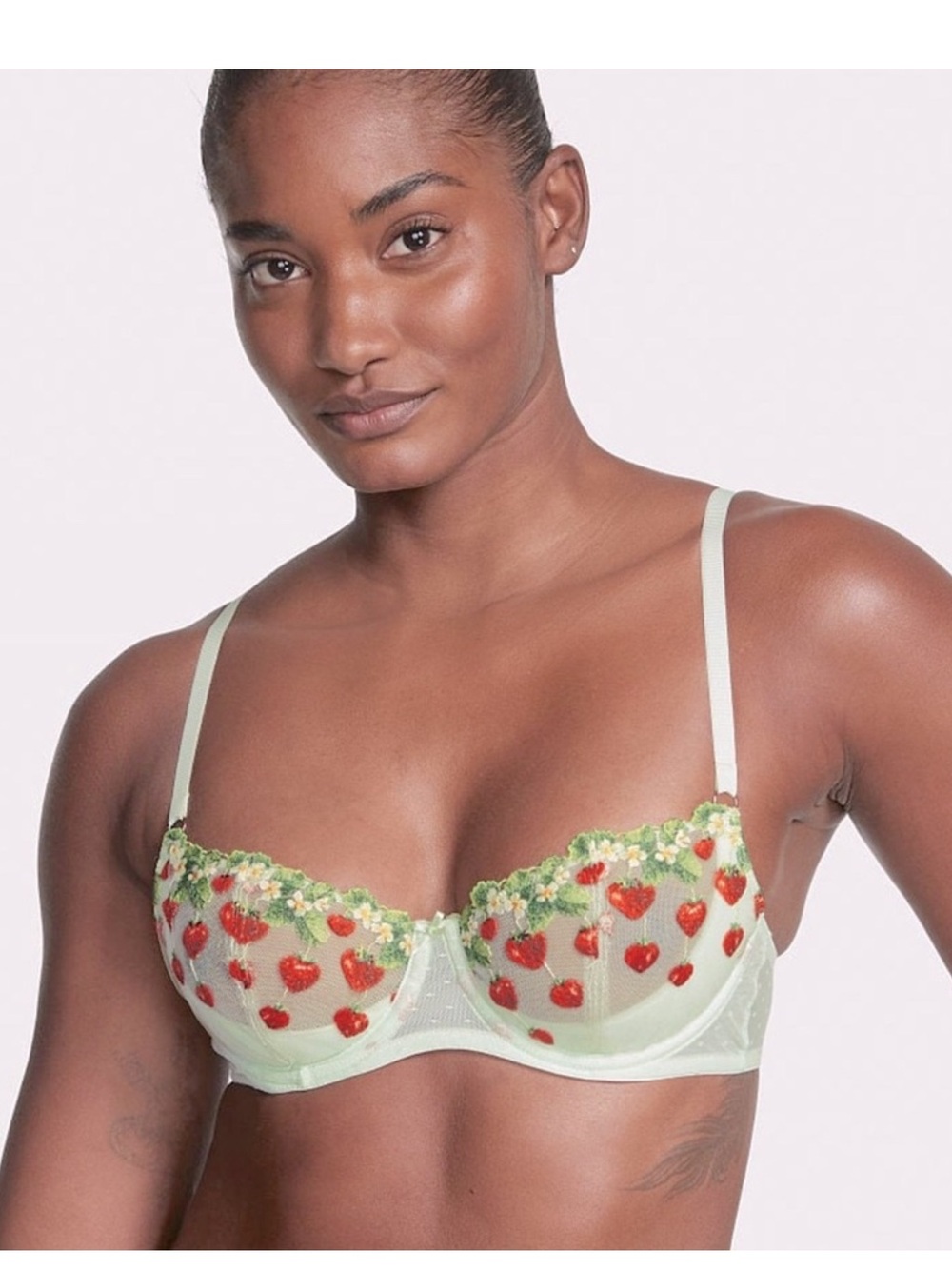 Victoria's Secret Wicked Unlined Balconette Bra Strawberry Embroidery Pale Green